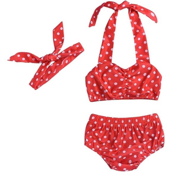 NEW Baby Girl Red Bathing Suit Two Piece White Polka Dot Swimsuit with Headband